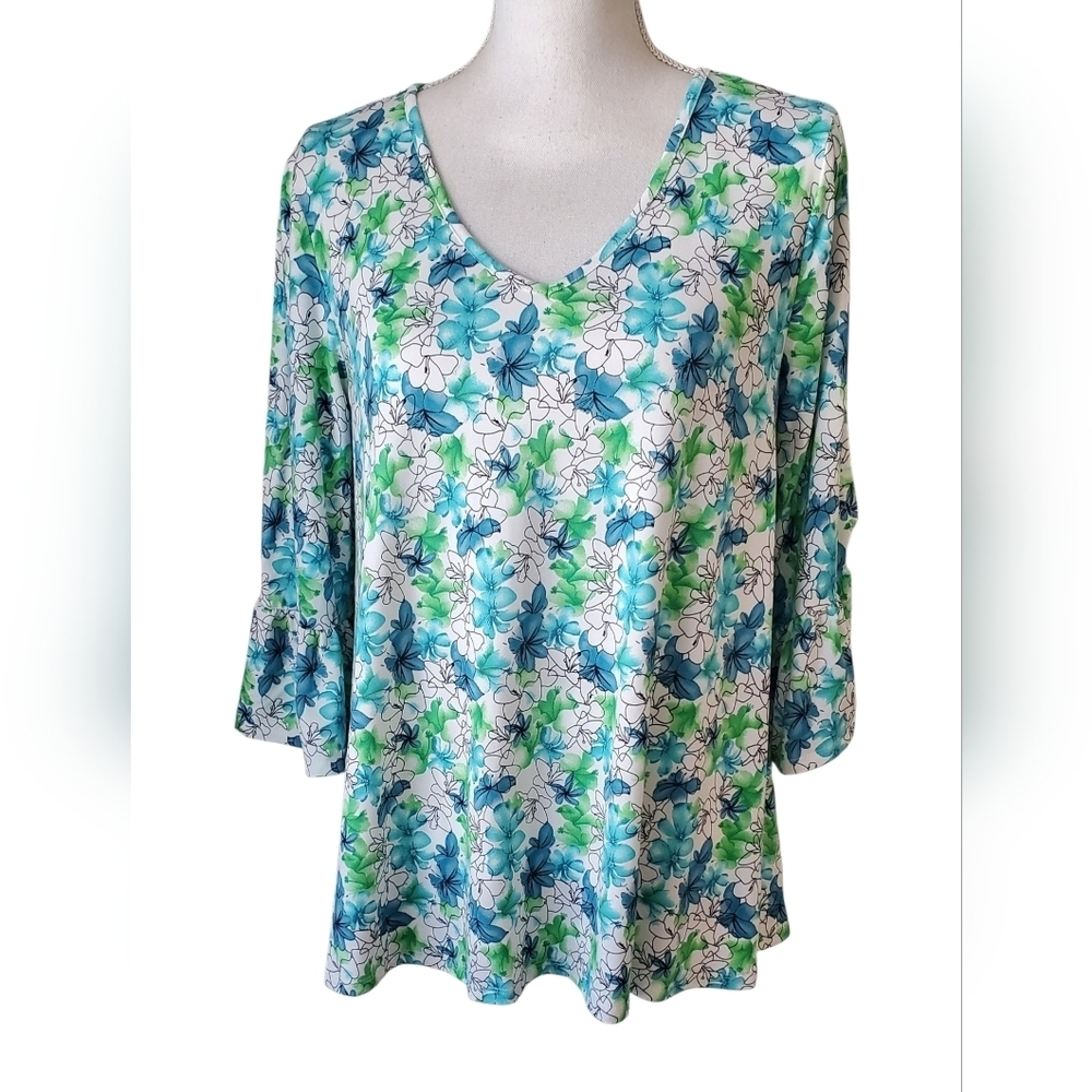 Ninexis Floral V-Neck Top Blue Green And White 3/4 Open Bell Sleeve Size XL